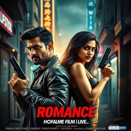 An intense action romantic film poster featuring a male and female Indian criminal couple, both in their mid-30s, standing back-to-back in a dramatic urban setting