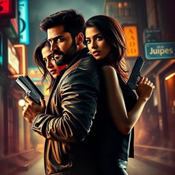 An intense action romantic film poster featuring a male and female Indian criminal couple, both in their mid-30s, standing back-to-back in a dramatic urban setting