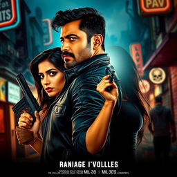 An intense action romantic film poster featuring a male and female Indian criminal couple, both in their mid-30s, standing back-to-back in a dramatic urban setting