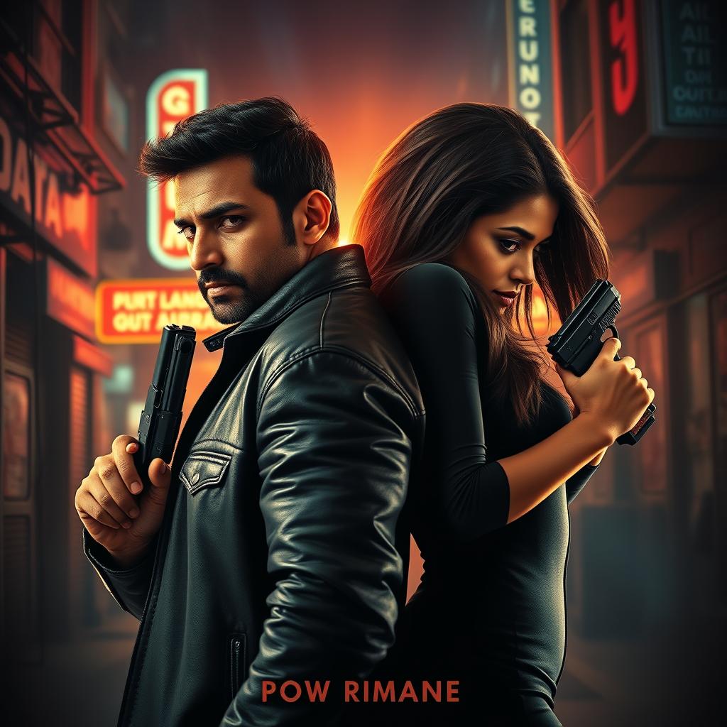 An intense action romantic film poster featuring a male and female Indian criminal couple, both in their mid-30s, standing back-to-back in a dramatic urban setting