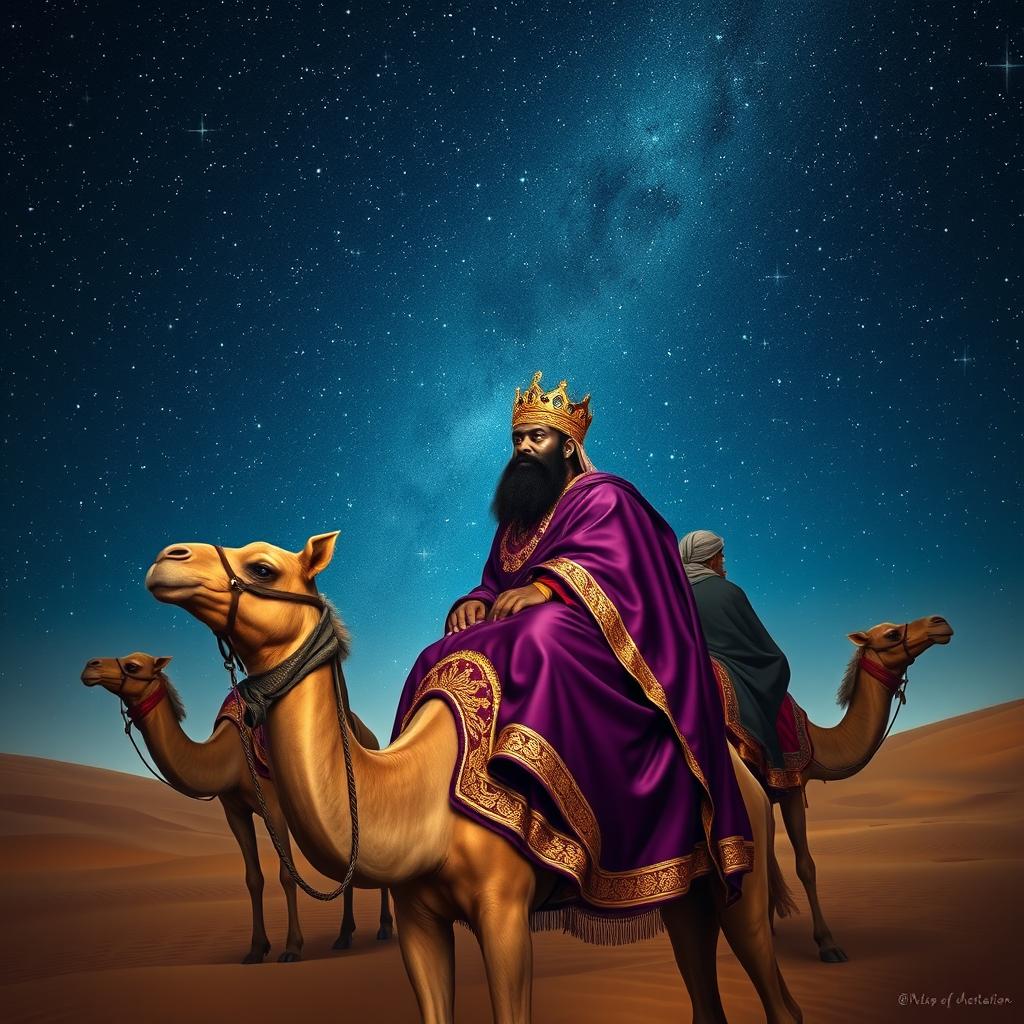 The Three Wise Men of the East journeying on their camels under a vast and breathtaking starry sky