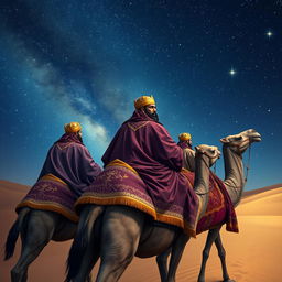 The Three Wise Men of the East journeying on their camels under a vast and breathtaking starry sky