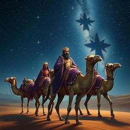 The Three Wise Men of the East journeying on their camels under a vast and breathtaking starry sky