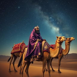 The Three Wise Men of the East journeying on their camels under a vast and breathtaking starry sky