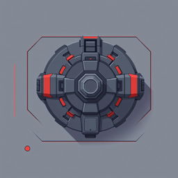 A top-down view of a futuristic turret designed in pixel art style