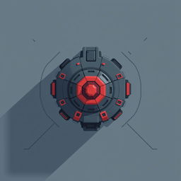 A top-down view of a futuristic turret designed in pixel art style