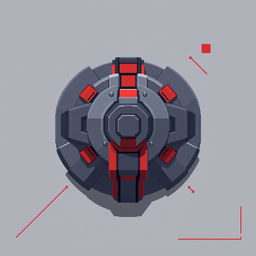 A top-down view of a futuristic turret designed in pixel art style