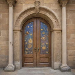 The grand door, opened by the golden key, revealing symbolic images of knowledge, such as ancient books, floating question marks, thought bubbles, astral bodies and scrolls inside a cosmic hallway, all centered around the theme of philosophy.