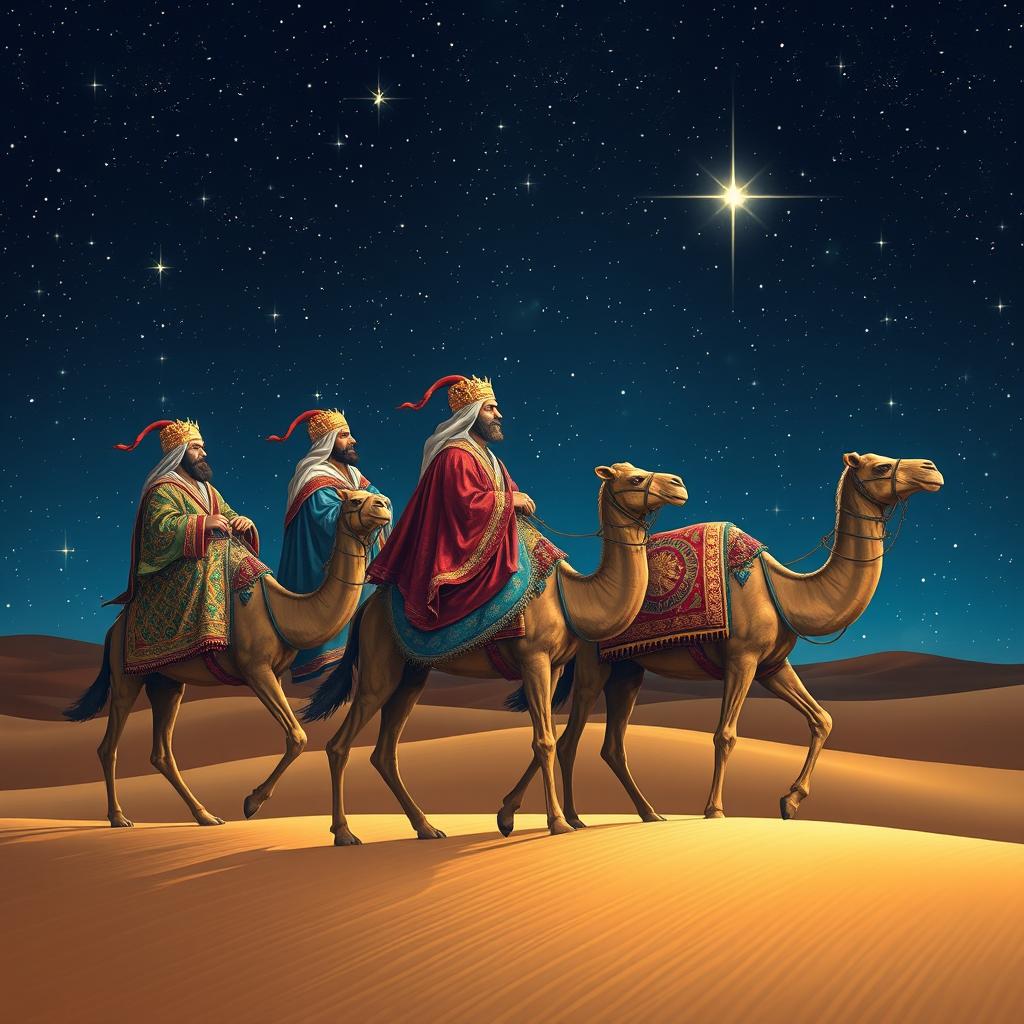 The Three Wise Men of the East riding gracefully on their camels, journeying through a vast desert under a luminous starry sky