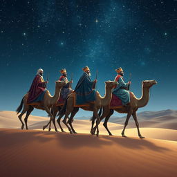 The Three Wise Men of the East riding gracefully on their camels, journeying through a vast desert under a luminous starry sky