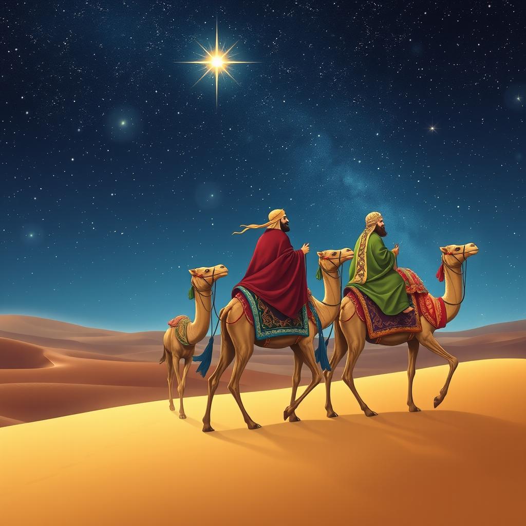 The Three Wise Men of the East riding gracefully on their camels, journeying through a vast desert under a luminous starry sky