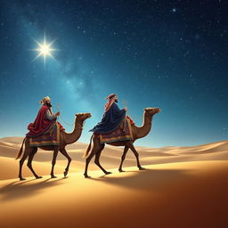 The Three Wise Men of the East riding gracefully on their camels, journeying through a vast desert under a luminous starry sky