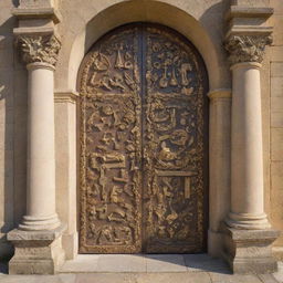 The grand door, opened by the golden key, revealing symbolic images of knowledge, such as ancient books, floating question marks, thought bubbles, astral bodies and scrolls inside a cosmic hallway, all centered around the theme of philosophy.