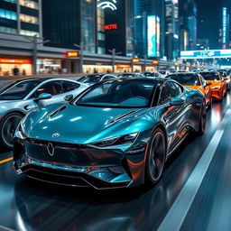 A lineup of sleek, futuristic electric cars showcasing dynamic designs and high-speed aesthetics