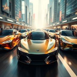 A lineup of sleek, futuristic electric cars showcasing dynamic designs and high-speed aesthetics