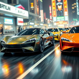 A lineup of sleek, futuristic electric cars showcasing dynamic designs and high-speed aesthetics