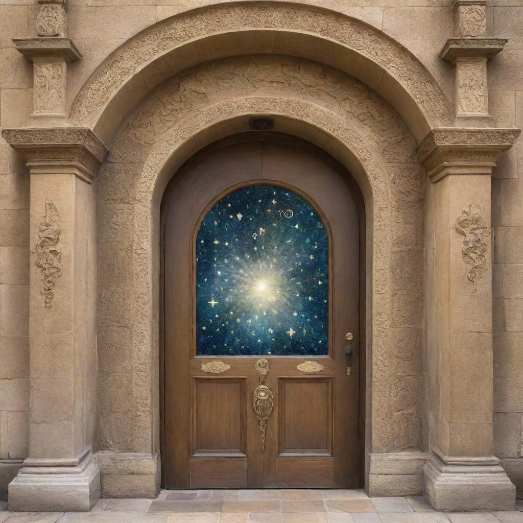 The grand door, opened by the golden key, revealing symbolic images of knowledge, such as ancient books, floating question marks, thought bubbles, astral bodies and scrolls inside a cosmic hallway, all centered around the theme of philosophy.