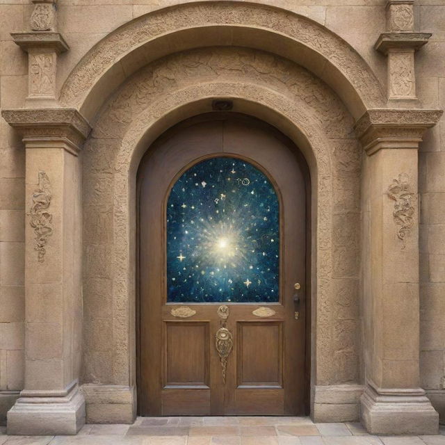 The grand door, opened by the golden key, revealing symbolic images of knowledge, such as ancient books, floating question marks, thought bubbles, astral bodies and scrolls inside a cosmic hallway, all centered around the theme of philosophy.