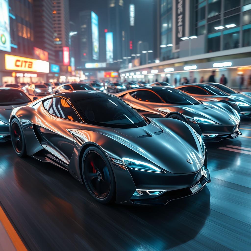 A lineup of sleek, futuristic electric cars showcasing dynamic designs and high-speed aesthetics