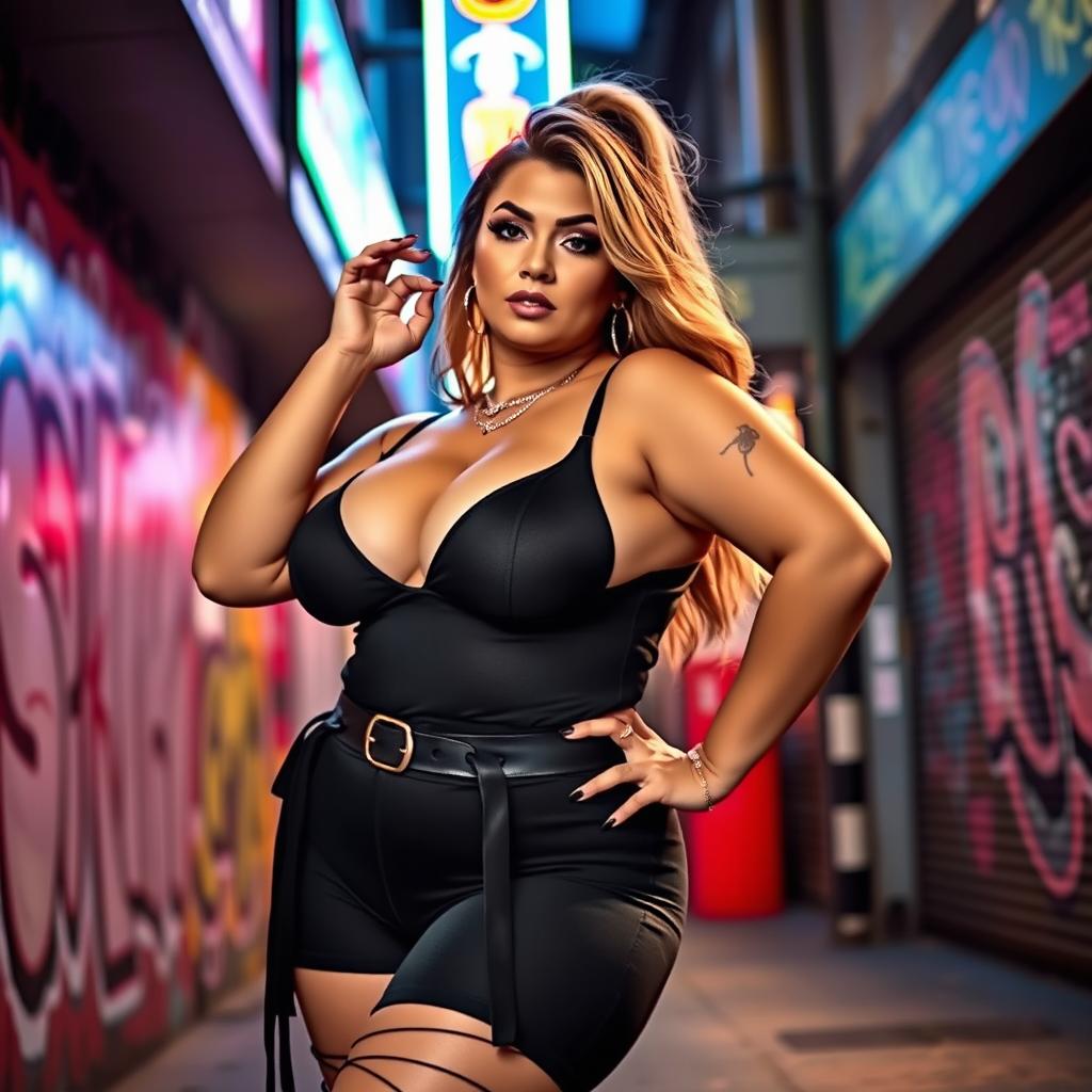 A voluptuous woman with big breasts dressed in a stylish yet edgy outfit, striking a confident pose in an urban setting, surrounded by graffiti and neon lights, showcasing her bold personality and captivating presence, emphasizing her curvy figure and attractive facial features