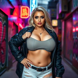 A voluptuous woman with big breasts dressed in a stylish yet edgy outfit, striking a confident pose in an urban setting, surrounded by graffiti and neon lights, showcasing her bold personality and captivating presence, emphasizing her curvy figure and attractive facial features