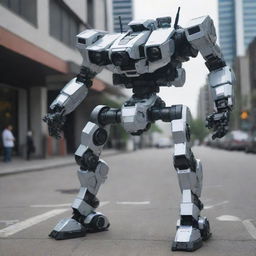 A modern mecha, outfitted with an ultra-high-definition camera system, capturing images in crystal clear detail, located in a dynamic urban environment.