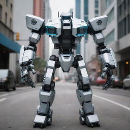 A modern mecha, outfitted with an ultra-high-definition camera system, capturing images in crystal clear detail, located in a dynamic urban environment.