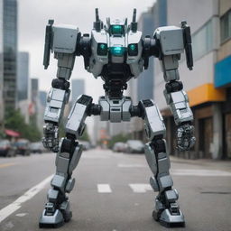 A modern mecha, outfitted with an ultra-high-definition camera system, capturing images in crystal clear detail, located in a dynamic urban environment.