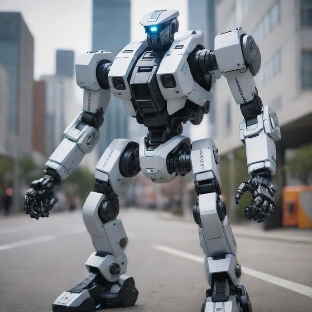 A modern mecha, outfitted with an ultra-high-definition camera system, capturing images in crystal clear detail, located in a dynamic urban environment.