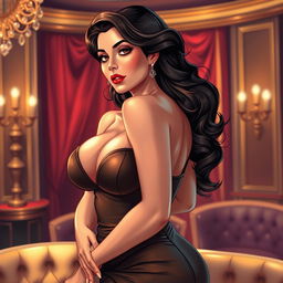 A highly detailed and artistic illustration of a glamorous woman with voluptuous features, emphasizing her large breasts in a tasteful manner