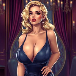 A highly detailed and artistic illustration of a glamorous woman with voluptuous features, emphasizing her large breasts in a tasteful manner