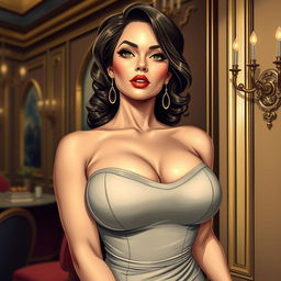 A highly detailed and artistic illustration of a glamorous woman with voluptuous features, emphasizing her large breasts in a tasteful manner