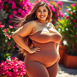 A voluptuous woman posing confidently in a vibrant, sunlit outdoor setting, showcasing her ample bosom in a stylish, form-fitting outfit