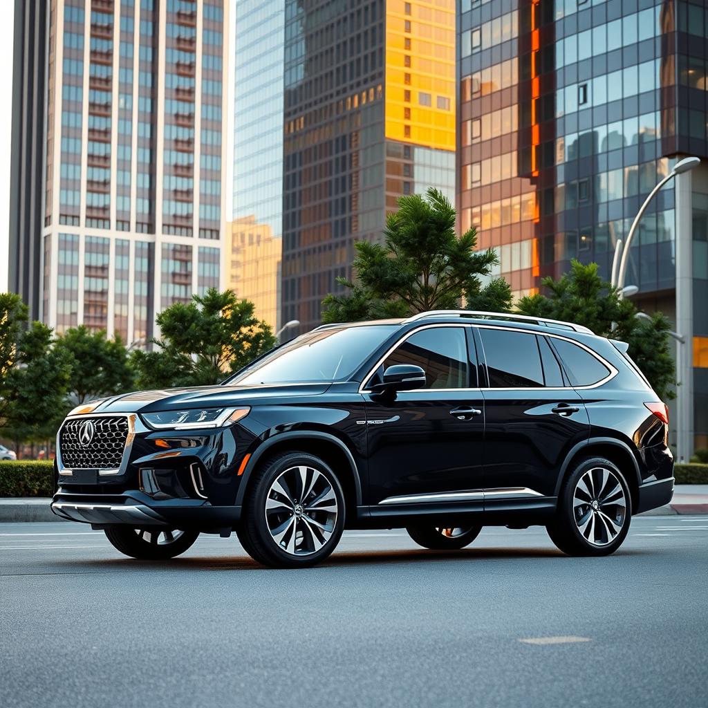 A sleek and modern luxury SUV parked in an upscale urban setting during sunset, showcasing its elegant design and shiny exterior