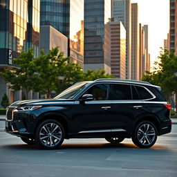 A sleek and modern luxury SUV parked in an upscale urban setting during sunset, showcasing its elegant design and shiny exterior