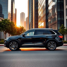 A sleek and modern luxury SUV parked in an upscale urban setting during sunset, showcasing its elegant design and shiny exterior