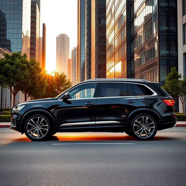 A sleek and modern luxury SUV parked in an upscale urban setting during sunset, showcasing its elegant design and shiny exterior