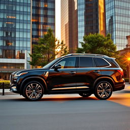 A sleek and modern luxury SUV parked in an upscale urban setting during sunset, showcasing its elegant design and shiny exterior