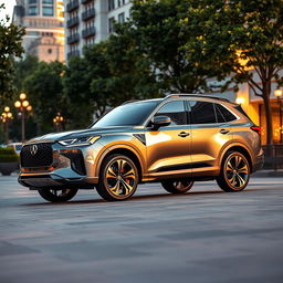 A stunning luxury SUV parked in a beautiful urban setting, showcasing its sleek and modern design with a shiny metallic finish