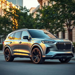 A stunning luxury SUV parked in a beautiful urban setting, showcasing its sleek and modern design with a shiny metallic finish