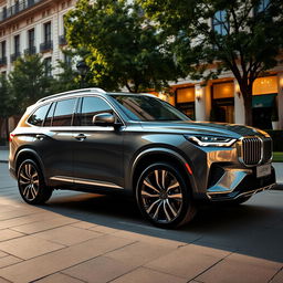 A stunning luxury SUV parked in a beautiful urban setting, showcasing its sleek and modern design with a shiny metallic finish