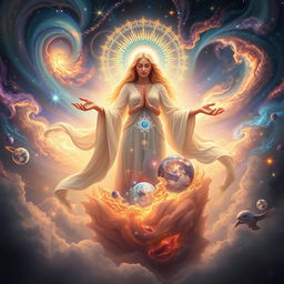 A majestic and ethereal depiction of the Great Cosmic Mother, a divine feminine figure, surrounded by swirling galaxies, vibrant nebulae, and sparkling stars as she gives birth to the cosmos