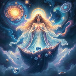 A majestic and ethereal depiction of the Great Cosmic Mother, a divine feminine figure, surrounded by swirling galaxies, vibrant nebulae, and sparkling stars as she gives birth to the cosmos