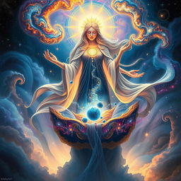 A majestic and ethereal depiction of the Great Cosmic Mother, a divine feminine figure, surrounded by swirling galaxies, vibrant nebulae, and sparkling stars as she gives birth to the cosmos