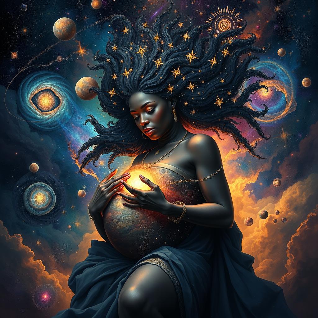 A breathtaking depiction of the Great Cosmic Mother, portrayed as a powerful black woman, giving birth to the cosmos