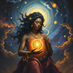 A breathtaking depiction of the Great Cosmic Mother, portrayed as a powerful black woman, giving birth to the cosmos