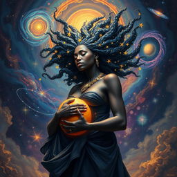 A breathtaking depiction of the Great Cosmic Mother, portrayed as a powerful black woman, giving birth to the cosmos