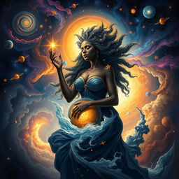 A breathtaking depiction of the Great Cosmic Mother, portrayed as a powerful black woman, giving birth to the cosmos