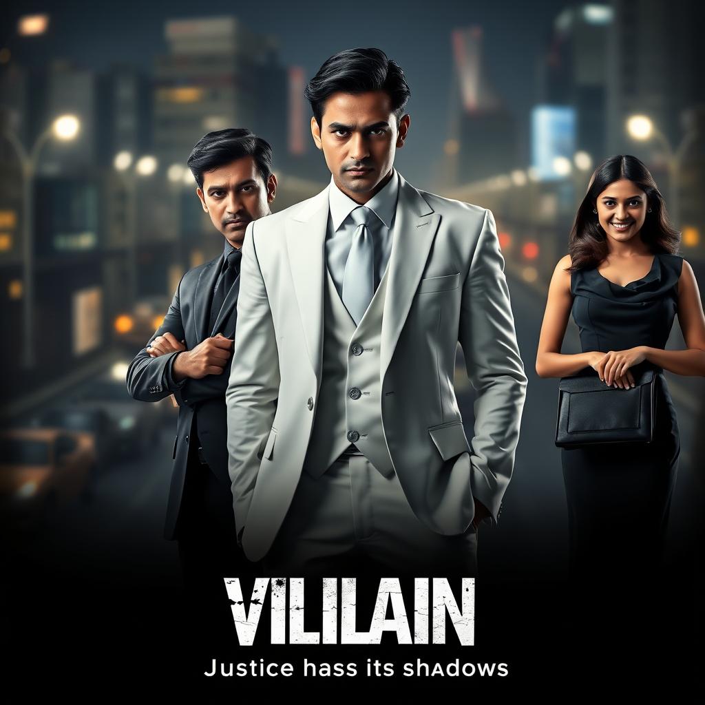 An intense and dramatic film poster for an action crime movie titled 'VILLAIN'