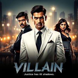 An intense and dramatic film poster for an action crime movie titled 'VILLAIN'